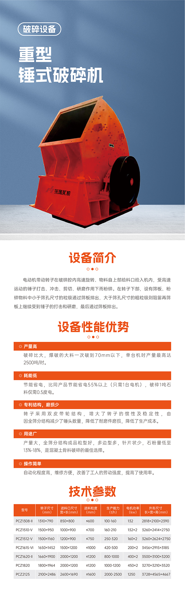 華寶礦機重型錘式破碎機設備技術(shù)參數